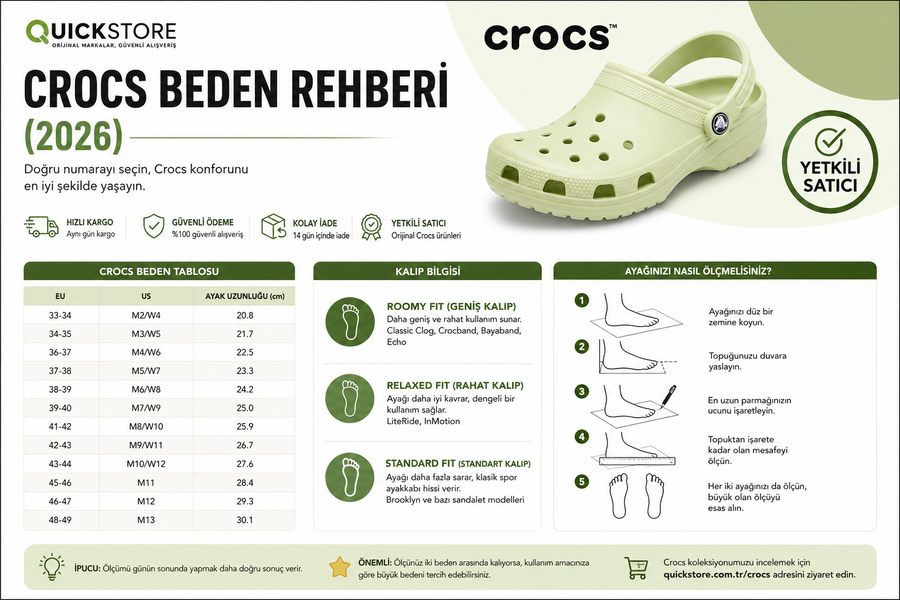 Crocs Beden Rehberi (2026): Doğru Numara Nasıl Seçilir?