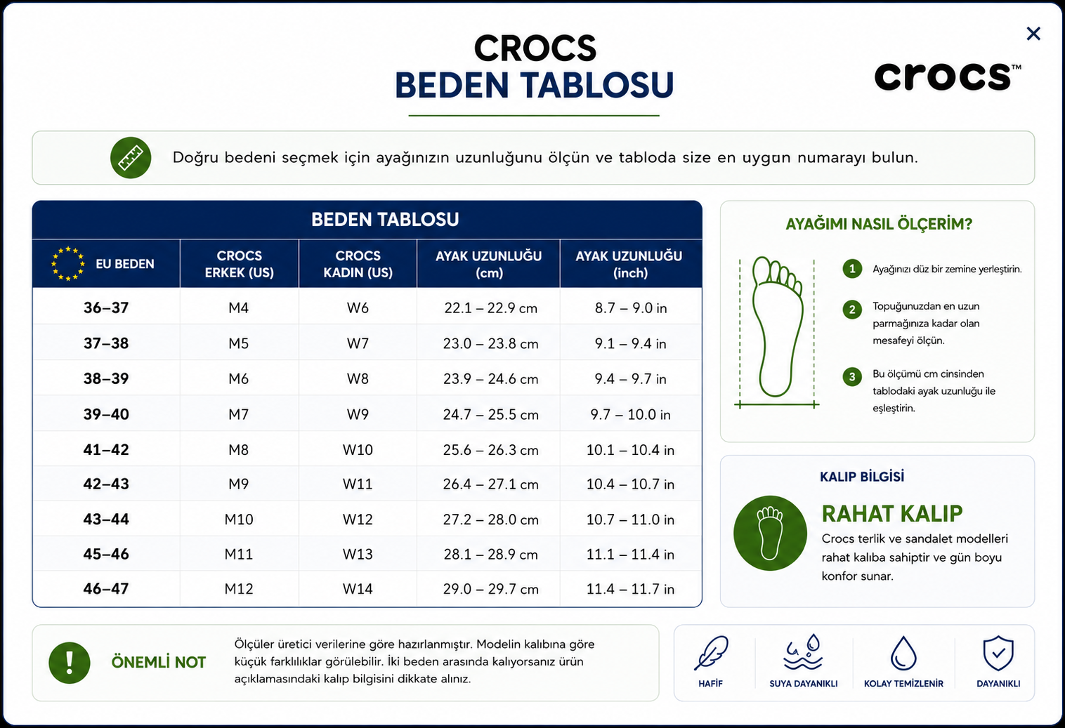 Crocs Yetişkin Beden Rehberi