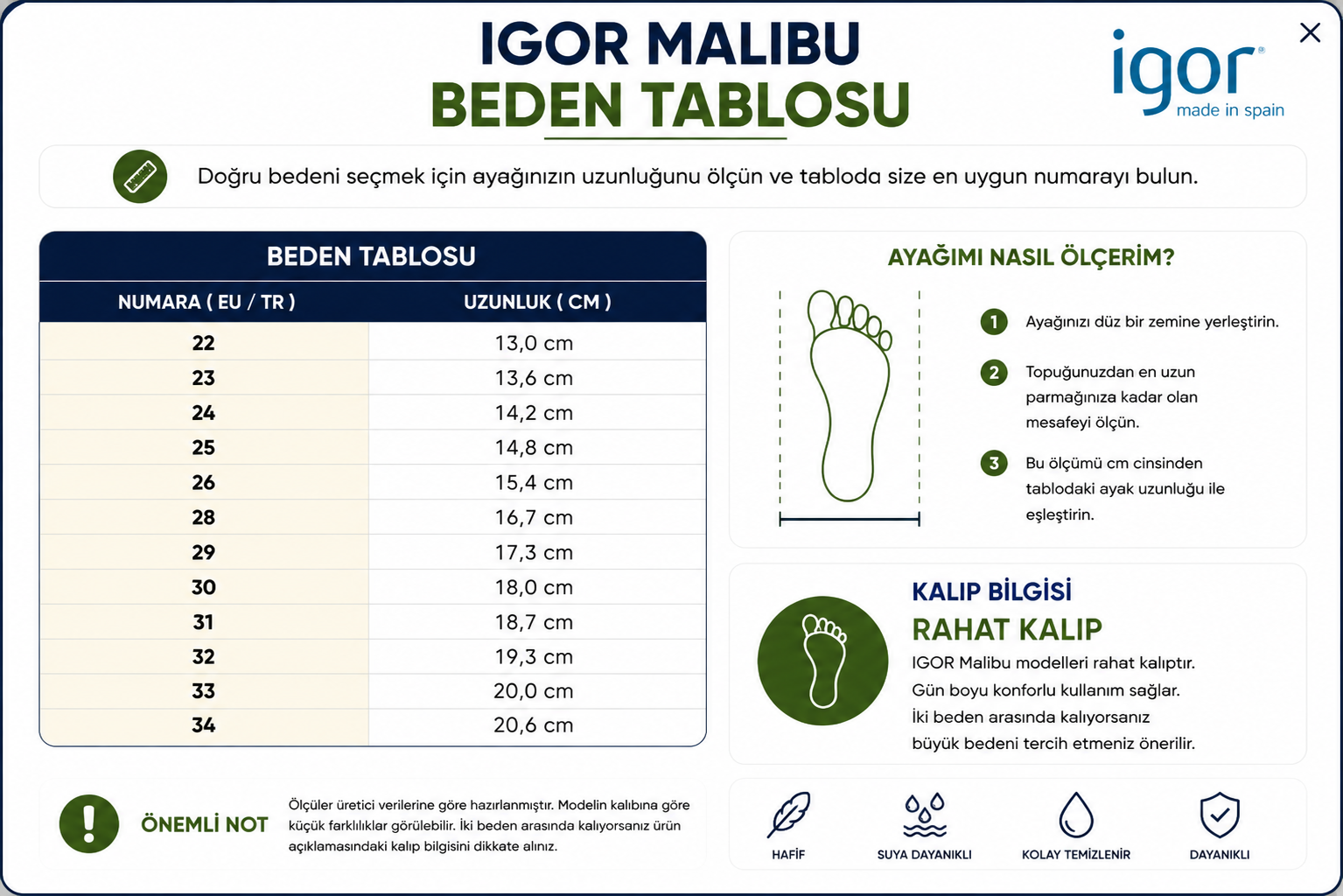 IGOR Malibu Beden Tablosu
