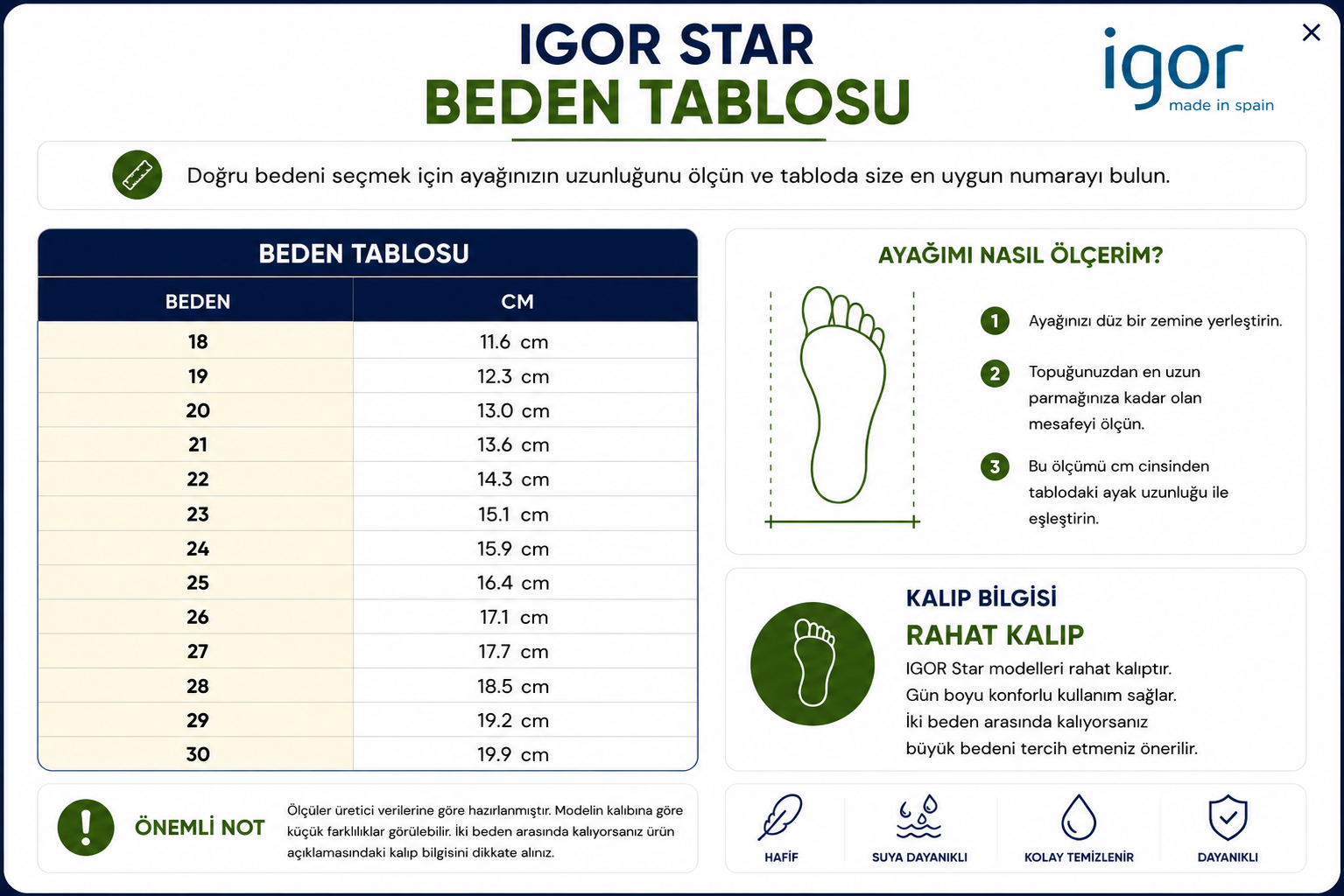 IGOR Star Beden Tablosu