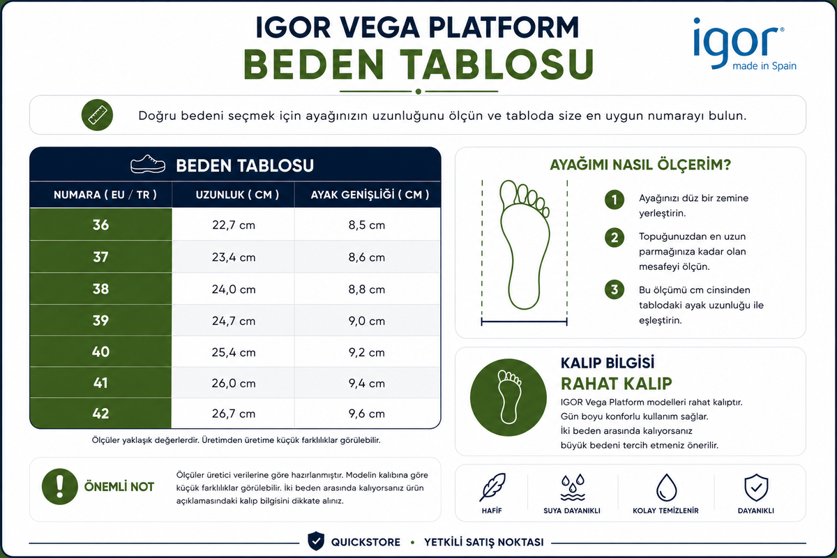 IGOR Vega Platform Beden Tablosu